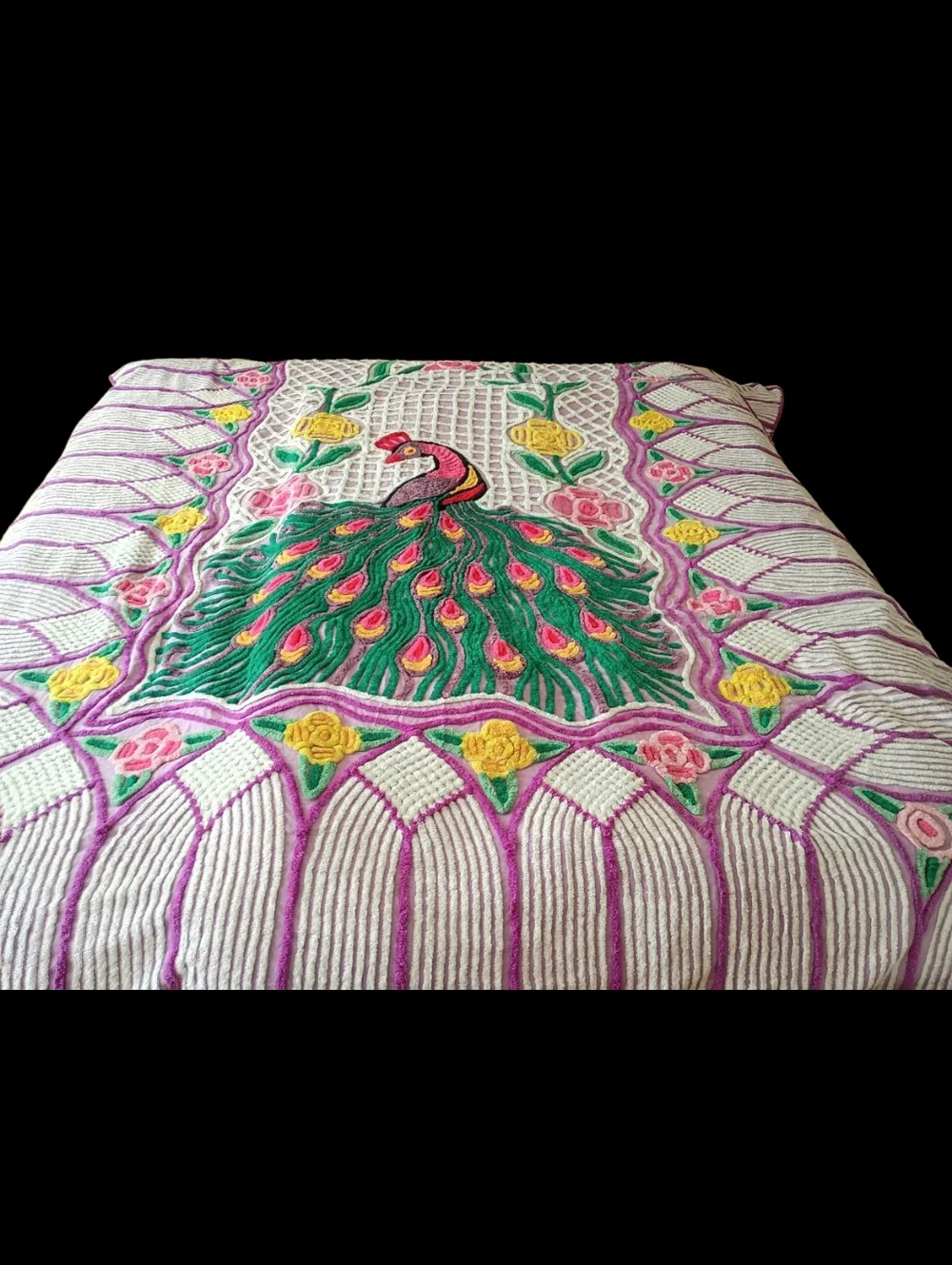 Vintage Chenille Peacock Bedspread Purple 98